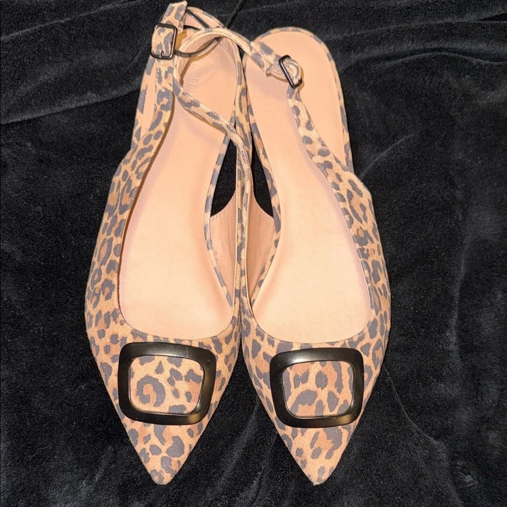 Nordstrom Leopard Print Pointed Slingback Flats with Decorative Metal Buckle